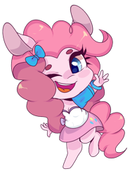 Size: 510x655 | Tagged: safe, artist:peachesandcreamated, imported from derpibooru, pinkie pie, anthro, unguligrade anthro, chibi, clothes, cute, diapinkes, equestria girls outfit, female, one eye closed, simple background, solo, transparent background, wink