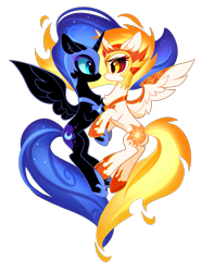 Size: 1105x1400 | Tagged: safe, artist:tomatocoup, imported from derpibooru, daybreaker, nightmare moon, alicorn, pony, a royal problem, armor, chest fluff, cute, diabreaker, duo, ear fluff, ethereal mane, eye contact, female, fiery mane, fiery tail, helmet, hoof shoes, looking at each other, mane of fire, mare, moonabetes, princess shoes, simple background, slim, slit pupils, spread wings, starry mane, starry tail, tail, transparent background, wings