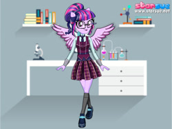 Size: 800x600 | Tagged: safe, artist:user15432, imported from derpibooru, sci-twi, twilight sparkle, human, equestria girls, friendship games, alternate hairstyle, clothes, crystal prep academy, crystal prep academy uniform, crystal prep shadowbolts, female, glasses, hasbro, hasbro studios, human counterpart, humanized, pegasus wings, ponied up, school uniform, scitwilicorn, shoes, skirt, socks, solo, starsue, twilight sparkle (alicorn), winged humanization, wings