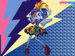 Size: 800x600 | Tagged: safe, artist:user15432, imported from derpibooru, rainbow dash, pegasus, pony, equestria girls, rainbow rocks, alternate hairstyle, clothes, dressup, female, hairstyle, hasbro, hasbro studios, high heels, new hairstyle, pegasus wings, ponied up, rainbow rocks outfit, rock and roll, shoes, skirt, solo, starsue, tattoo, winged humanization, wings