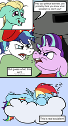 Size: 1800x3300 | Tagged: safe, artist:aaronmk, imported from derpibooru, rainbow dash, shining armor, starlight glimmer, zephyr breeze, pony, anarchy, bunker, cloud, communism, left communism, politics, sleeping, socialism, stalin glimmer, tankie, zzz