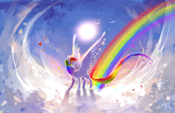 Size: 3000x1941 | Tagged: safe, artist:aquagalaxy, imported from derpibooru, rainbow dash, pony, cloud, female, mare, rainbow, scenery, solo, spread wings, standing, sun, wings