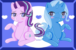 Size: 1024x683 | Tagged: safe, artist:kingkero, imported from derpibooru, starlight glimmer, trixie, pony, unicorn, blushing, female, heart, lesbian, mare, raised hoof, shipping, sitting, startrix, watermark