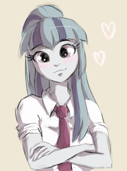 Size: 1009x1365 | Tagged: safe, artist:buttersprinkle, imported from derpibooru, sonata dusk, equestria girls, blushing, clothes, crossed arms, cute, eyelashes, female, heart, looking at you, necktie, ponytail, school uniform, schoolgirl, simple background, smiling, solo, sonatabetes