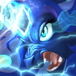 Size: 3300x3300 | Tagged: safe, artist:foxenawolf, imported from derpibooru, princess luna, pony, fanfic:piercing the heavens, angry, fanfic art, horn, lighting, lightning, magic, one eye closed, open mouth, realistic teeth, scrunchy face, teeth, tongue out