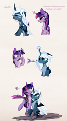 Size: 1256x2256 | Tagged: safe, artist:magnaluna, imported from derpibooru, princess luna, twilight sparkle, alicorn, pony, alternate design, alternate hairstyle, brushing, coat markings, colored wings, curved horn, cutting, dialogue, duo, female, floppy ears, hairbrush, mare, missing accessory, mud, pale belly, smiling, swirly markings, twilight sparkle (alicorn), wing claws