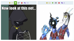 Size: 2314x1293 | Tagged: safe, imported from derpibooru, screencap, discord, juniper montage, queen chrysalis, trixie, changeling, changeling queen, derpibooru, equestria girls, movie magic, spoiler:eqg specials, cloak, clothes, crossover, female, how, image macro, jewelry, juxtaposition, juxtaposition win, lazytown, meme, meta, necklace, net, robbie rotten, traditional art, we are number one, wig