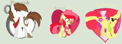 Size: 1240x446 | Tagged: safe, artist:xrainbowdash-mlp, imported from derpibooru, apple bloom, pipsqueak, oc, oc:apple paint, pony, alternate hairstyle, base used, cutie mark background, eyes closed, female, green background, male, mare, offspring, older, older apple bloom, parent:apple bloom, parent:pipsqueak, parents:pipbloom, pipbloom, shipping, simple background, stallion