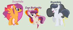 Size: 1259x525 | Tagged: safe, artist:xrainbowdash-mlp, imported from derpibooru, rumble, scootaloo, oc, oc:zap butterfly, pegasus, pony, alternate hairstyle, base used, cutie mark, female, green background, male, mare, misspelling, offspring, older, older scootaloo, parent:rumble, parent:scootaloo, parents:rumbloo, rumbloo, shipping, simple background, stallion, straight, the cmc's cutie marks