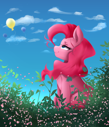 Size: 3334x3907 | Tagged: safe, artist:mrscurlystyles, imported from derpibooru, pinkie pie, earth pony, pony, balloon, cloud, female, grass, leaves, looking up, mare, sitting, sky, smiling, solo