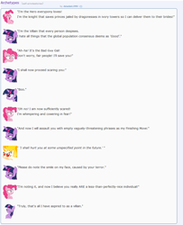 Size: 894x1099 | Tagged: safe, artist:dziadek1990, imported from derpibooru, pinkie pie, twilight sparkle, alicorn, antagonist, cheesy, conversation, dialogue, emote story, emotes, fear, fight, hero, heroine, reddit, roleplay, roleplaying, silly, slice of life, talking, text, threat, threatening, twilight sparkle (alicorn), villainess