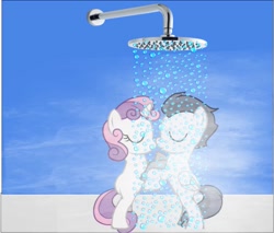 Size: 823x702 | Tagged: safe, artist:jawsandgumballfan24, imported from derpibooru, rumble, sweetie belle, pony, pony creator, 1000 hours in gimp, bipedal, eyes closed, female, male, rumbelle, shipping, shower, steam, straight