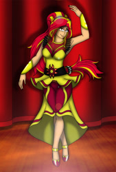 Size: 1189x1759 | Tagged: safe, artist:tyron91, imported from derpibooru, sunset shimmer, human, dance magic, equestria girls, spoiler:eqg specials, armpits, breasts, clothes, dancing, dress, female, flamenco dress, humanized, smiling, solo, stage, sunset shimmer flamenco dress