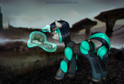 Size: 1024x698 | Tagged: safe, artist:ka-samy, imported from derpibooru, oc, oc only, oc:dragonfire, pony, unicorn, fallout equestria, fallout equestria: child of the stars, armor, butt, dark, dock, fallout, looking at you, looking back, plot, post-apocalyptic, solo, tail, weapon