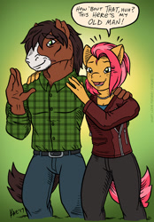 Size: 766x1100 | Tagged: safe, artist:kaemantis, imported from derpibooru, babs seed, trouble shoes, anthro, clothes, dialogue, duo, father and daughter, female, male, mare, older, smiling, speech bubble, stallion