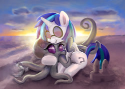 Size: 1790x1279 | Tagged: safe, artist:xbi, imported from derpibooru, dj pon-3, octavia melody, vinyl scratch, monster pony, octopony, octopus, original species, pony, unicorn, adorawat, beach, cute, female, hug, lesbian, ocean, octaviapus, scratchtavia, shipping, smiling, species swap, tavibetes, tentacles, vinylbetes, wat