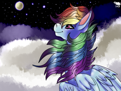 Size: 1600x1200 | Tagged: safe, artist:brainiac, imported from derpibooru, rainbow dash, pony, cloud, female, moon, solo, stars