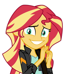 Size: 2185x2334 | Tagged: safe, artist:keronianniroro, imported from derpibooru, sunset shimmer, equestria girls, awkward smile, clothes, cute, female, jacket, leather jacket, shimmerbetes, shoulder bag, simple background, smiling, solo, transparent background, vector