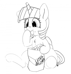 Size: 1280x1338 | Tagged: safe, artist:pabbley, imported from derpibooru, twilight sparkle, alicorn, pony, 30 minute art challenge, chest fluff, chips, cute, eating, female, food, lineart, mare, monochrome, sitting, solo, twilight sparkle (alicorn)