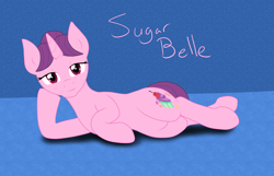 Size: 7000x4500 | Tagged: safe, artist:glacierfrostclaw, imported from derpibooru, sugar belle, pony, unicorn, absurd resolution, bedroom eyes, female, lying down, mare, on side, side