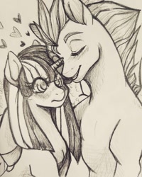 Size: 1024x1280 | Tagged: safe, artist:cabbage-arts, imported from derpibooru, flash sentry, twilight sparkle, pony, cute, duo, embrace, female, flashlight, male, monochrome, nuzzling, shipping, sketch, straight