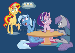 Size: 1000x712 | Tagged: safe, artist:gintoki23, imported from derpibooru, maud pie, starlight glimmer, sunset shimmer, trixie, pony, unicorn, blue background, colored pupils, design, drink, magic, relaxing, shirt design, simple background, table, telekinesis, the amazing trio of friendship, watermark, welovefine