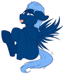 Size: 1251x1445 | Tagged: safe, artist:meggchan, imported from derpibooru, oc, oc only, oc:relaxing rivers, hybrid, crossed arms, floppy ears, fluffy, grumpy, legs in air, male, simple background, sitting, solo, stallion, tongue out, white background