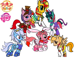 Size: 1024x768 | Tagged: safe, artist:omegaridersangou, imported from derpibooru, fizzy, galaxy (g1), lofty, north star, sunset shimmer, wind whistler, pony, cure chocolat, cure custard, cure gelato, cure macaron, cure parfait, cure whip, g1, g1 to g4, g4, generation leap, kirakira precure a la mode, my little pony logo, north star (g1), precure, pretty cure