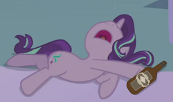 Size: 1096x646 | Tagged: safe, edit, edited screencap, editor:slb94, imported from derpibooru, screencap, starlight glimmer, pony, a royal problem, alcohol, bottle, cropped, drunk, drunklight glimmer, female, nose in the air, open mouth, passed out, scrumpy, sleepy starlight, solo, team fortress 2, volumetric mouth