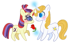 Size: 677x438 | Tagged: safe, artist:carouselunique, imported from derpibooru, moondancer, prince blueblood, pony, chibi, colored pupils, crack shipping, cute, discussion in the comments, duo, female, flower, male, moonblood, rose, shipping, simple background, straight, transparent background