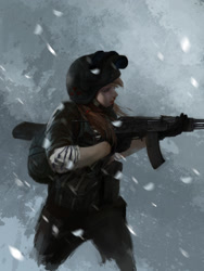 Size: 1800x2400 | Tagged: safe, artist:tiger-type, imported from derpibooru, applejack, human, abstract background, ak-74, backpack, battlefield, clothes, female, gun, helmet, humanized, k6-3, realistic, snow, soldier, solo, uniform, weapon