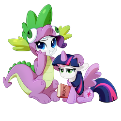 Size: 1200x1200 | Tagged: safe, artist:tomatocoup, imported from derpibooru, rarity, spike, sweetie belle, twilight sparkle, alicorn, dragon, pony, unicorn, forever filly, adorawat, annoyed, book, clothes, colored pupils, costume, cute, dragon costume, duo, female, filly, implied shipping, implied sparity, implied straight, kigurumi, lidded eyes, mare, pony costume, simple background, sitting, smiling, spike costume, spike suit, sweetie belle is not amused, transparent background, twilight sparkle (alicorn), unamused, wat