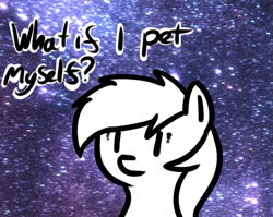 Size: 511x407 | Tagged: safe, artist:neuro, imported from derpibooru, oc, oc only, earth pony, pony, existentialism, partial color, petting, solo, space