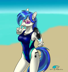 Size: 1280x1337 | Tagged: safe, artist:thunderblitz1, imported from derpibooru, dj pon-3, vinyl scratch, anthro, unicorn, armpits, beach, clothes, female, glasses, one-piece swimsuit, peace sign, solo, swimsuit, watermark