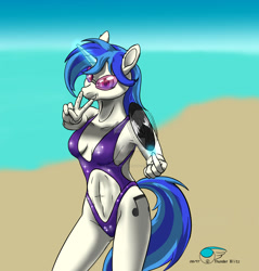 Size: 1280x1337 | Tagged: safe, alternate version, artist:thunderblitz1, imported from derpibooru, dj pon-3, vinyl scratch, anthro, unicorn, abs, armpits, beach, belly button, clothes, female, glasses, glowing horn, navel cutout, one-piece swimsuit, open-back swimsuit, peace sign, solo, swimsuit, watermark