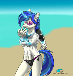 Size: 1024x1070 | Tagged: safe, alternate version, artist:thunderblitz1, imported from derpibooru, dj pon-3, vinyl scratch, anthro, unicorn, abs, beach, belly button, clothes, female, glasses, glowing horn, peace sign, shirt, solo, swimsuit, t-shirt, watermark