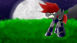 Size: 1280x720 | Tagged: safe, imported from derpibooru, oc, oc only, oc:destral, bat, pony, angry, armor, blue, fantasy class, grass, gray, guard, knight, land, night, red, silver, single, solo, warrior