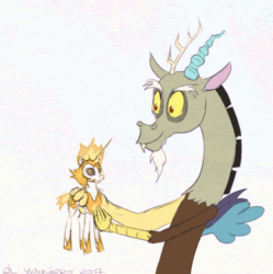 Size: 540x542 | Tagged: safe, artist:el-yeguero, imported from derpibooru, daybreaker, discord, alicorn, draconequus, pony, squeezin' it, a royal problem, animated, discord being discord, duo, fire, gif, mane of fire
