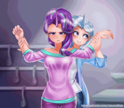 Size: 590x515 | Tagged: safe, artist:racoonsan, artist:szafir87, edit, imported from derpibooru, starlight glimmer, trixie, human, all bottled up, animated, cute, diatrixes, duo, female, frown, gif, glimmerbetes, grumpy, horned humanization, human female, humanized, inconvenient trixie, lesbian, scene interpretation, shipping, startrix, trixie's puppeteering, unamused