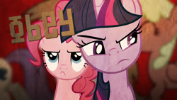 Size: 1920x1080 | Tagged: safe, artist:dabuxian, imported from derpibooru, pinkie pie, twilight sparkle, earth pony, pony, unicorn, background pony, bust, duo, eyes closed, female, frown, mare, obey, raised eyebrow, wallpaper