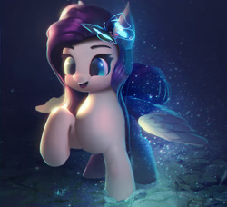 Size: 1972x1795 | Tagged: safe, artist:lmgchikess, imported from derpibooru, fluttershy, butterfly, pegasus, pony, chromatic aberration, cute, female, leaf, magic, mare, raised hoof, shyabetes, smiling, solo, water