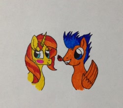 Size: 1567x1373 | Tagged: safe, artist:frollo7797, imported from derpibooru, flash sentry, sunset shimmer, pony, unicorn, female, flashimmer, male, shipping, straight