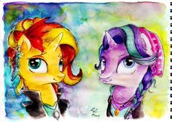 Size: 1024x726 | Tagged: safe, artist:lailyren, artist:moonlight-ki, imported from derpibooru, starlight glimmer, sunset shimmer, pony, unicorn, clothes, ear piercing, earring, female, jewelry, mare, piercing, traditional art, watercolor painting