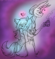 Size: 931x1000 | Tagged: safe, artist:kaemantis, imported from derpibooru, photo finish, zesty gourmand, anthro, earth pony, mule, unicorn, clothes, female, gradient background, heart, hug, lesbian, monochrome, muleicorn, shipping, smiling, zestyfinish