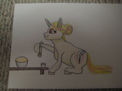 Size: 640x480 | Tagged: safe, artist:blacksuneclipsed, imported from derpibooru, oc, oc only, oc:crystal wishes, pony, chashaku, chawan, female, matcha, offspring, parent:jet set, parent:upper crust, parents:upperset, solo, tea ceremony, traditional art