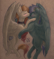 Size: 2425x2661 | Tagged: safe, artist:kimsteinandother, imported from derpibooru, oc, oc only, pegasus, pony, blushing, female, glasses, high res, kissing, mare, traditional art
