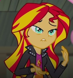 Size: 362x385 | Tagged: safe, imported from derpibooru, screencap, sunset shimmer, equestria girls, rainbow rocks, clothes, cropped, female, lidded eyes, lip bite, solo