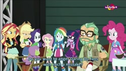 Size: 854x480 | Tagged: safe, imported from derpibooru, screencap, applejack, canter zoom, fluttershy, pinkie pie, rainbow dash, rarity, sci-twi, spike, spike the regular dog, sunset shimmer, twilight sparkle, dog, equestria girls, movie magic, spoiler:eqg specials, clothes, compression shorts, cowboy hat, denim skirt, english, geode of super speed, glasses, hat, humane five, humane seven, humane six, jacket, leather jacket, magical geodes, pants, ponytail, skirt, subtitles, teletoon