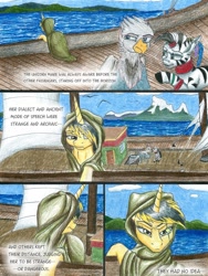 Size: 1024x1365 | Tagged: safe, artist:tillie-tmb, imported from derpibooru, oc, oc only, oc:tempest, griffon, pony, unicorn, zebra, comic:the amulet of shades, cloak, clothes, comic, female, mare, ocean, ship, traditional art