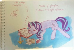 Size: 1280x870 | Tagged: safe, artist:puffysmosh, imported from derpibooru, starlight glimmer, pony, unicorn, book, female, sleeping, solo, traditional art, watercolor painting, zzz